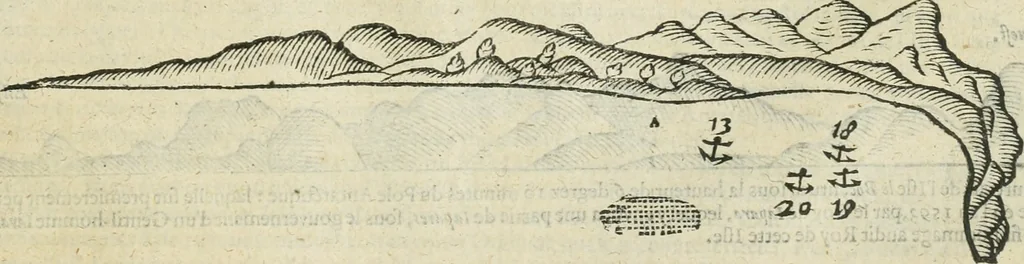 An illustration from Premier livre de l'histoire de la navigation aux Indes Orientales, par les hollandois, et des choses a eux advenues : ensemble les conditions, les meurs, & manieres de vivres des nations, par eux abordees : plus les monnoyes, espices, drogues, & marchandises, & le pris d'icelles : davantage les decouvremens & apparences, situations, & costes maritimes des contrees : avec le vray pourtrait au vif des habitans : le tout par plusieurs figures illustré : tres-recreatif a lire a tous navigans & amateurs des navigations lointaines, ez terres estrangeres, 1609, leaf 94