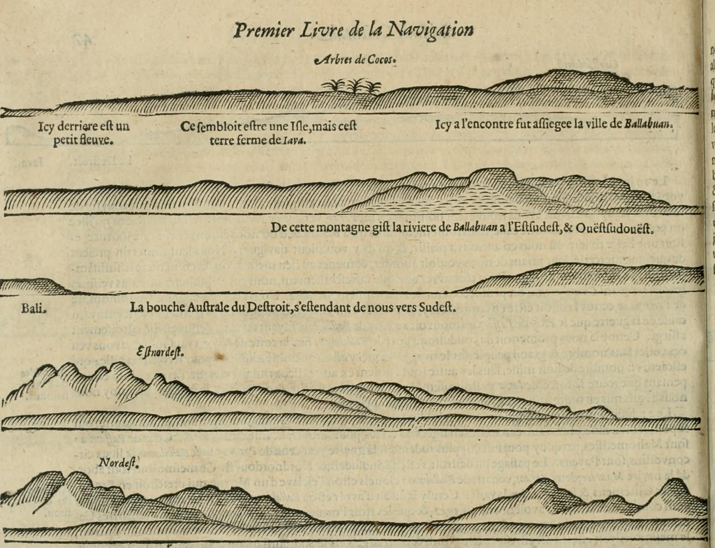 An illustration from Premier livre de l'histoire de la navigation aux Indes Orientales, par les hollandois, et des choses a eux advenues : ensemble les conditions, les meurs, & manieres de vivres des nations, par eux abordees : plus les monnoyes, espices, drogues, & marchandises, & le pris d'icelles : davantage les decouvremens & apparences, situations, & costes maritimes des contrees : avec le vray pourtrait au vif des habitans : le tout par plusieurs figures illustré : tres-recreatif a lire a tous navigans & amateurs des navigations lointaines, ez terres estrangeres, 1609, leaf 99