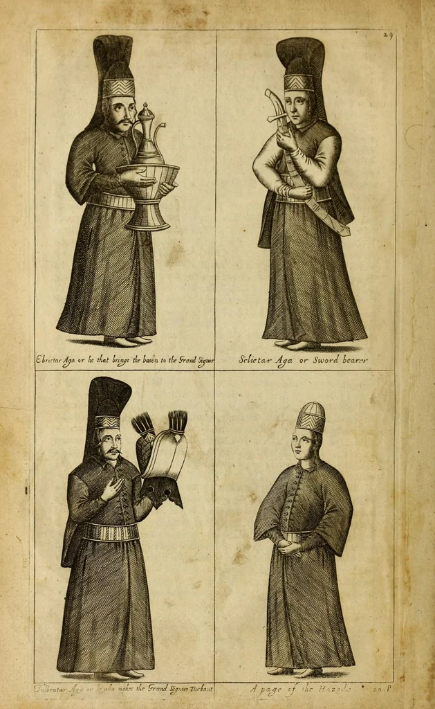 An illustration from The present state of the Ottoman Empire. Containing the maxims of the Turkish politie, the most material points of the Mahometan religion, their sects and heresies, their convents and religious votaries, their military discipline, with an exact computation of their forces both by land and sea. Illustrated with divers pieces of sculpture, representing the variety of habits amongst the Turks. In three books, 1670, leaf 46
