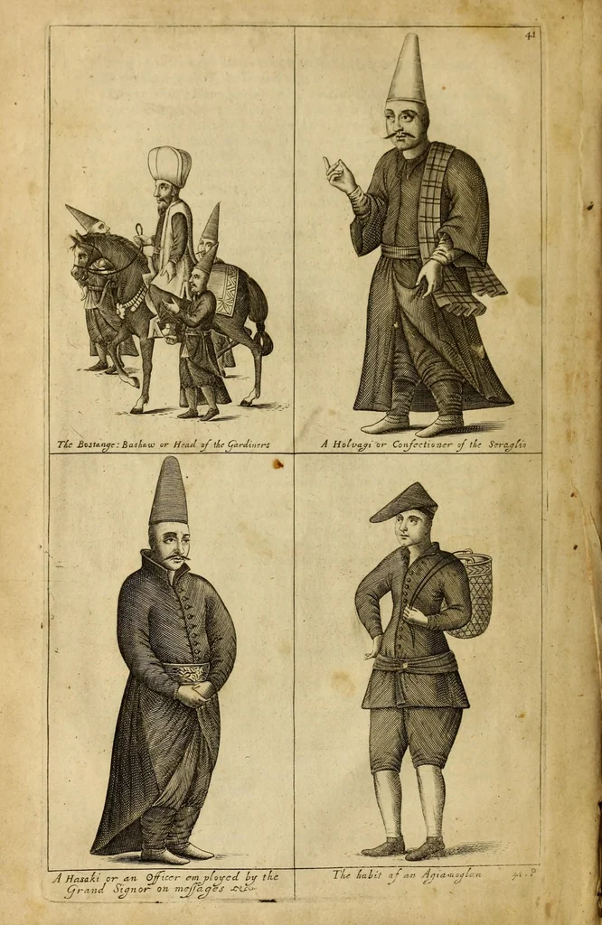 An illustration from The present state of the Ottoman Empire. Containing the maxims of the Turkish politie, the most material points of the Mahometan religion, their sects and heresies, their convents and religious votaries, their military discipline, with an exact computation of their forces both by land and sea. Illustrated with divers pieces of sculpture, representing the variety of habits amongst the Turks. In three books, 1670, leaf 60