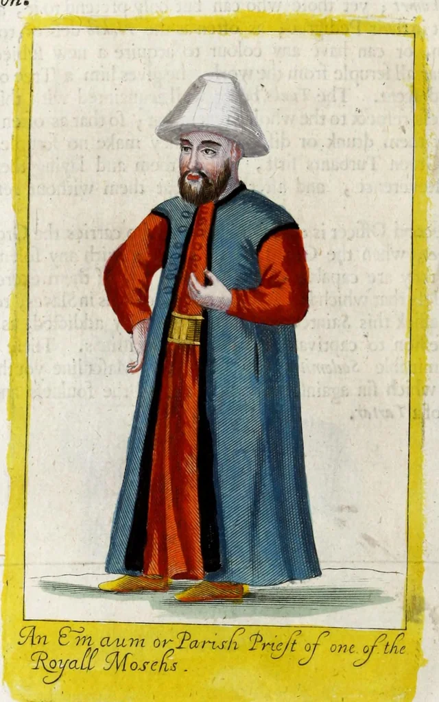 An illustration from The present state of the Ottoman Empire : containing the maxims of the Turkish politie, the most material points of the Mahometan religion, their sects and heresies, their convents and religious votaries : their military discipline, with an exact computation of their forces both by land and sea : iIllustrated with divers pieces of sculpture, representing the variety of habits amongst the Turks : in three books, 1668, leaf 134