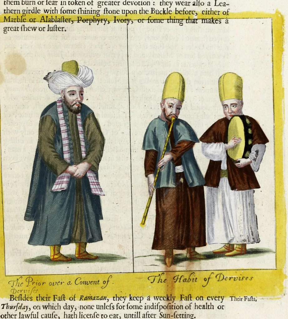 An illustration from The present state of the Ottoman Empire : containing the maxims of the Turkish politie, the most material points of the Mahometan religion, their sects and heresies, their convents and religious votaries : their military discipline, with an exact computation of their forces both by land and sea : iIllustrated with divers pieces of sculpture, representing the variety of habits amongst the Turks : in three books, 1668, leaf 159