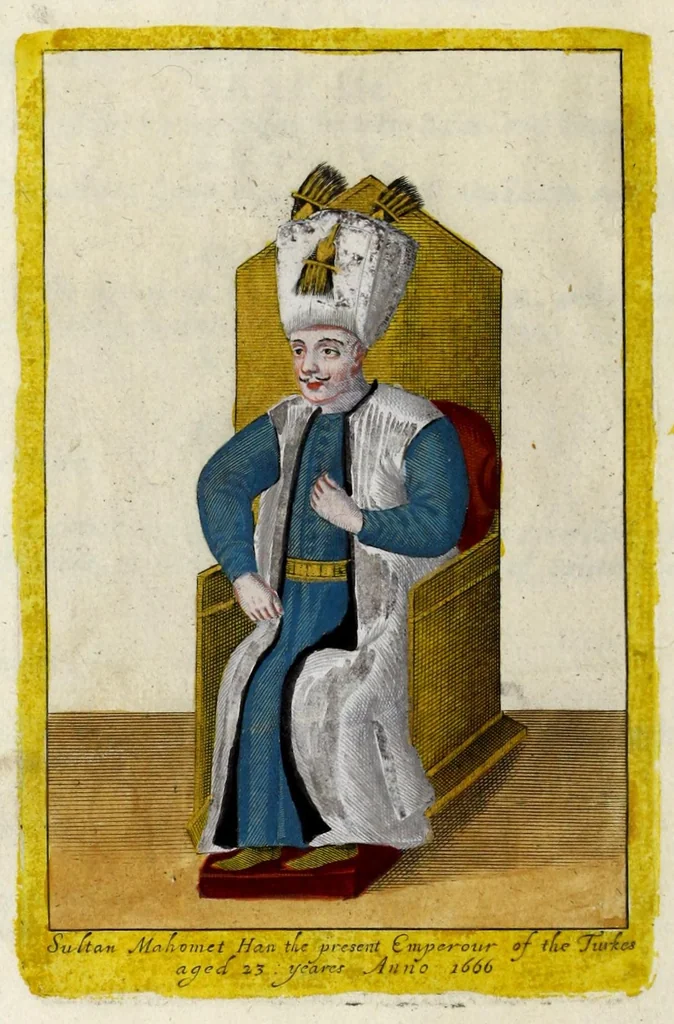 An illustration from The present state of the Ottoman Empire : containing the maxims of the Turkish politie, the most material points of the Mahometan religion, their sects and heresies, their convents and religious votaries : their military discipline, with an exact computation of their forces both by land and sea : iIllustrated with divers pieces of sculpture, representing the variety of habits amongst the Turks : in three books, 1668, leaf 18