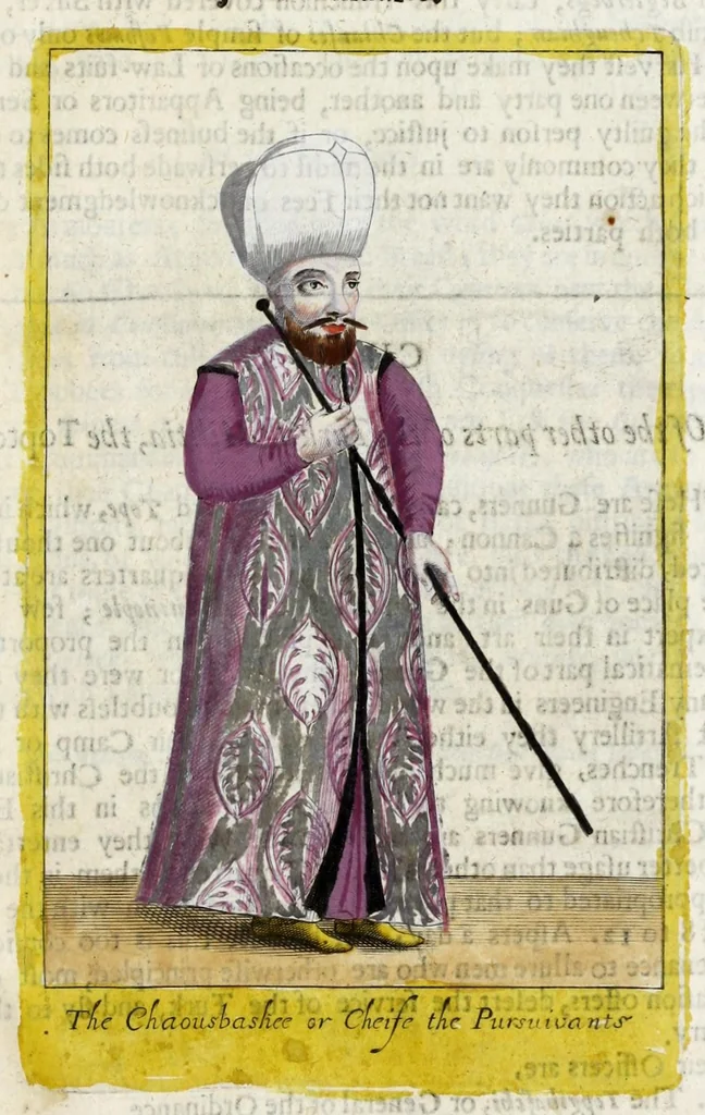 An illustration from The present state of the Ottoman Empire : containing the maxims of the Turkish politie, the most material points of the Mahometan religion, their sects and heresies, their convents and religious votaries : their military discipline, with an exact computation of their forces both by land and sea : iIllustrated with divers pieces of sculpture, representing the variety of habits amongst the Turks : in three books, 1668, leaf 221