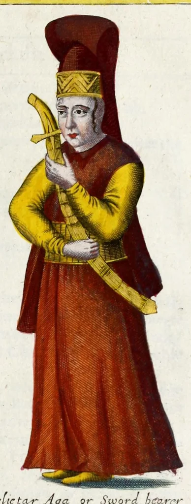An illustration from The present state of the Ottoman Empire : containing the maxims of the Turkish politie, the most material points of the Mahometan religion, their sects and heresies, their convents and religious votaries : their military discipline, with an exact computation of their forces both by land and sea : iIllustrated with divers pieces of sculpture, representing the variety of habits amongst the Turks : in three books, 1668, leaf 47