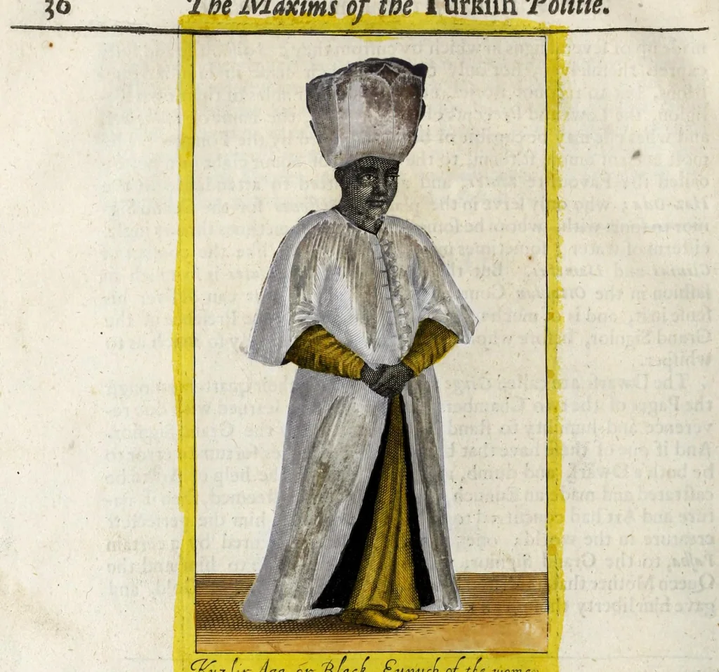An illustration from The present state of the Ottoman Empire : containing the maxims of the Turkish politie, the most material points of the Mahometan religion, their sects and heresies, their convents and religious votaries : their military discipline, with an exact computation of their forces both by land and sea : iIllustrated with divers pieces of sculpture, representing the variety of habits amongst the Turks : in three books, 1668, leaf 56