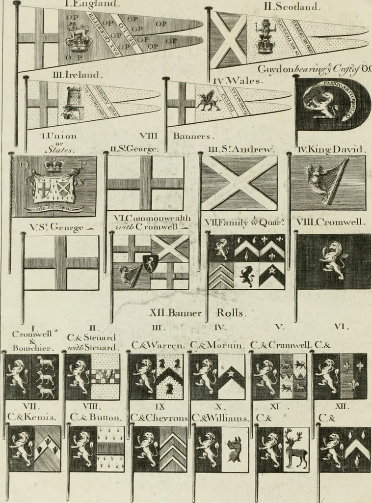 An illustration from Prestwich's Respublica, or, A display of the honors, ceremonies & ensigns of the Common-wealth under the protectorship of Oliver Cromwell : together with the names, armorial bearings, flags & pennons of the different commanders of the English, Scotch, Irish Americans and French : and an alphabetical roll of the names and armorial bearings of upwards of three hundred families of the present nobility & gentry of England, Scotland, Ireland, etc., etc, 1787, leaf 5