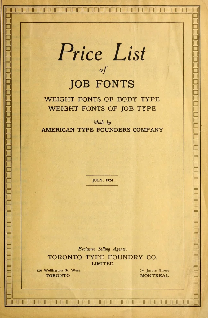 An illustration from Price list of job fonts : weight fonts of body type, weight fonts of job type, 1924, leaf 1