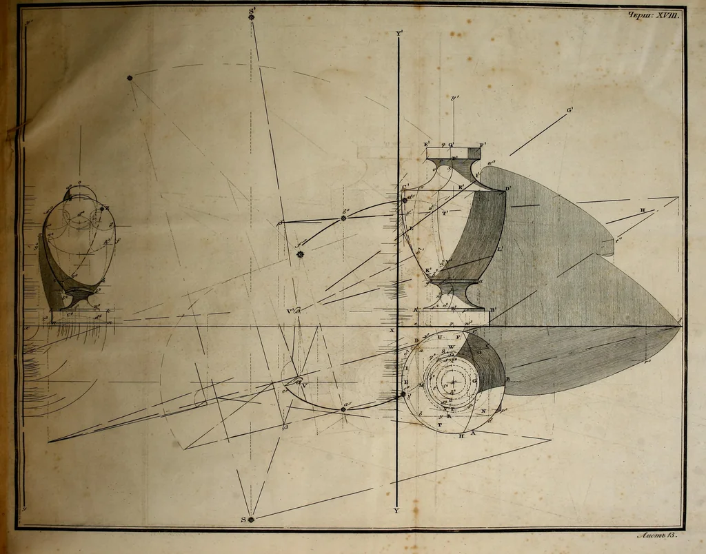 An illustration from Prilozhenie nachertatelnoi geometrii k risovaniiu : teoriia tienei, lineinaia perspektiva, opticheskiia izobrazheniia, 1830, leaf 196
