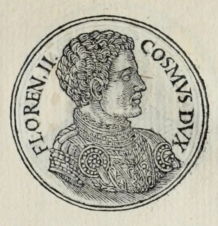 An illustration from Prima[-seconda] parte del Prontvario de le medaglie de piv illvstri & fulgenti huomini & donne : dal principio del mondo insino al presente tempo, con le lor vite in compendio raccolte, 1553, leaf 421