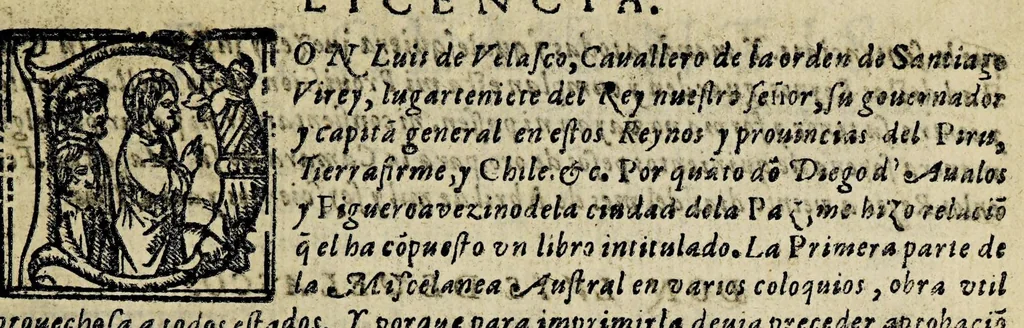 An illustration from Primera parte de la miscelanea austral de don Diego D'Avalos y Figueroa, en varios coloquios. Interlocutores, Delio, y Cilena. Con la Defensa de damas., 1602, leaf 15