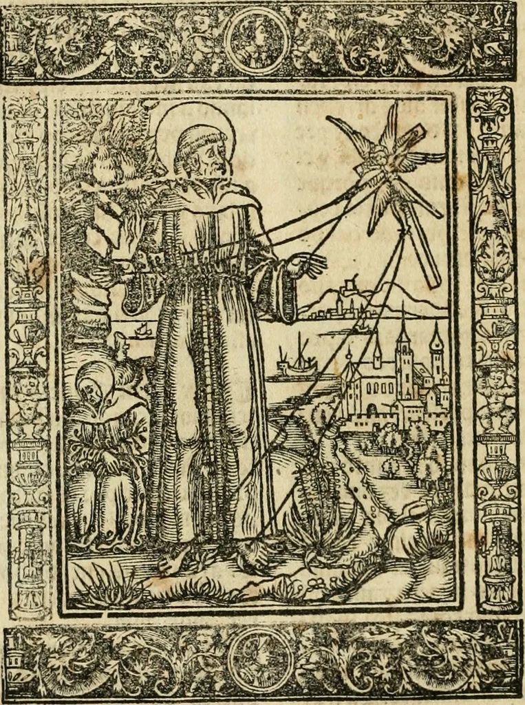 An illustration from Primera parte de las Cronicas de la orden de los frayles menores del seraphico padre Sant Francisco, instituydor y primero ministro general, que se puede llamar vitas patrum de los menores .., 1563, leaf 121