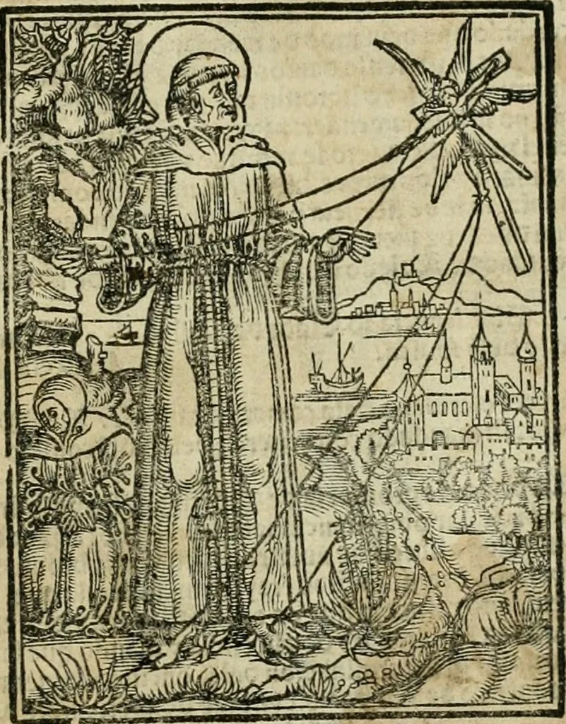 An illustration from Primera parte de las Cronicas de la orden de los frayles menores del seraphico padre Sant Francisco, instituydor y primero ministro general, que se puede llamar vitas patrum de los menores .., 1563, leaf 4