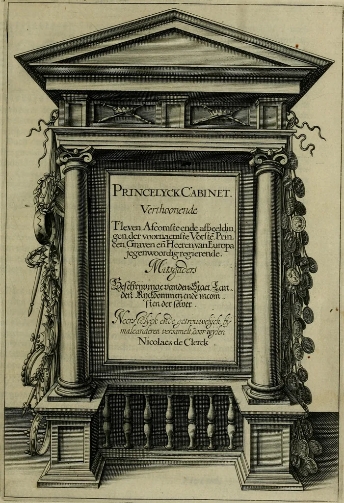 An illustration from Princelyck cabinet : verthoonende t'leven afcomste ende afbeeldingen der voornaemste vorste[n], princen, graven en heeren van Europa jegenwoordig regierende : mitsgaders beschrijvinge vanden staet, landen, rijckdommen ende incomsten der selver ..., 1625, leaf 8