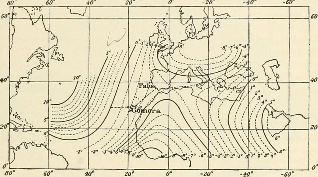 An illustration from Principal facts of the earth's magnetism and methods of determining the true meridian and the magnetic declination. Reprinted from the United States magnetic declination tables and isogonic charts for 1902, 1909, leaf 26