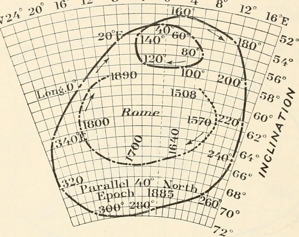 An illustration from Principal facts of the earth's magnetism and methods of determining the true meridian and the magnetic declination. Reprinted from the United States magnetic declination tables and isogonic charts for 1902, 1909, leaf 49
