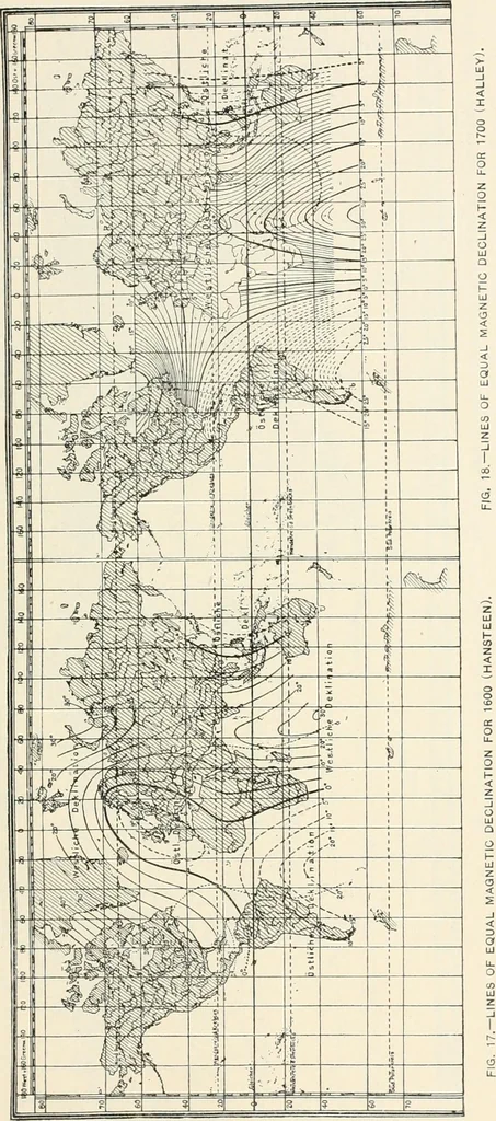 An illustration from Principal facts of the earth's magnetism and methods of determining the true meridian and the magnetic declination. Reprinted from the United States magnetic declination tables and isogonic charts for 1902, 1909, leaf 76