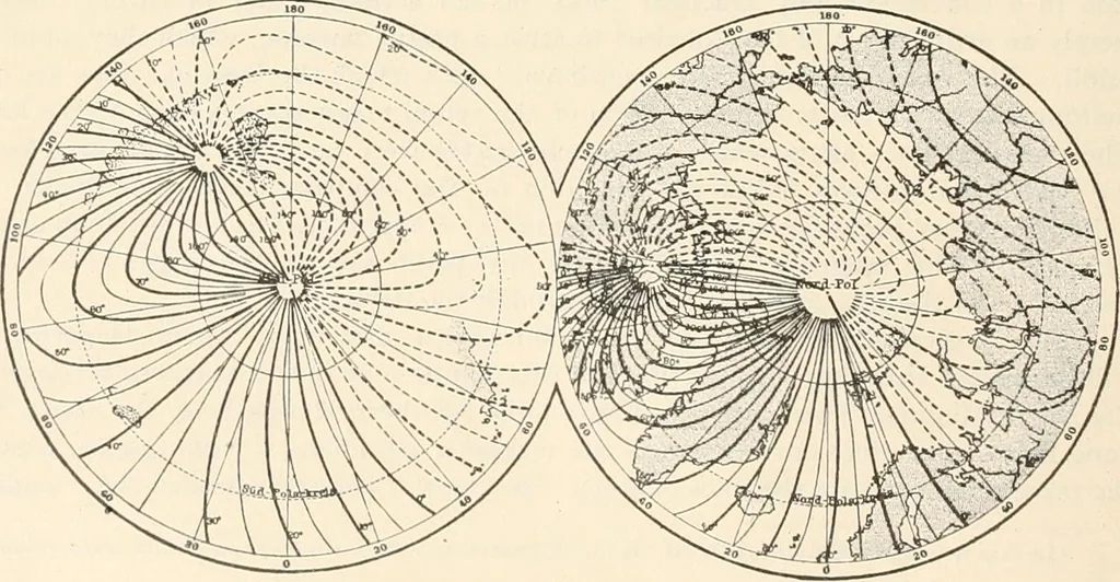 An illustration from Principal facts of the earth's magnetism and methods of determining the true meridian and the magnetic declination. Reprinted from the United States magnetic declination tables and isogonic charts for 1902, 1909, leaf 81