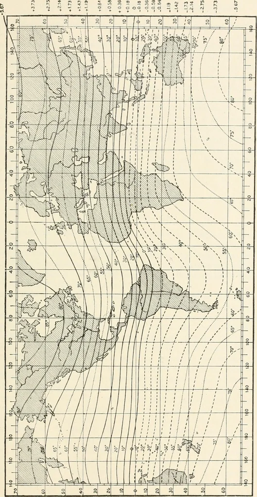 An illustration from Principal facts of the earth's magnetism and methods of determining the true meridian and the magnetic declination. Reprinted from the United States magnetic declination tables and isogonic charts for 1902, 1909, leaf 84
