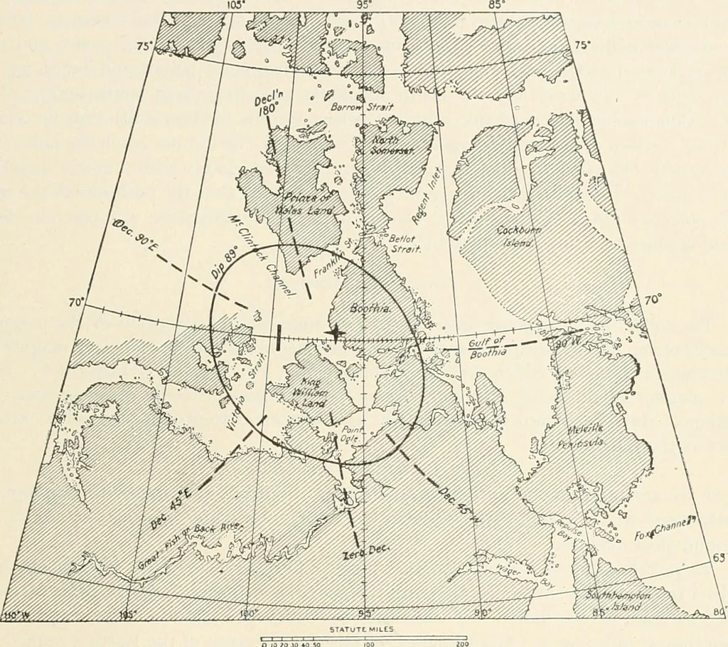 An illustration from Principal facts of the earth's magnetism and methods of determining the true meridian and the magnetic declination. Reprinted from the United States magnetic declination tables and isogonic charts for 1902, 1909, leaf 98