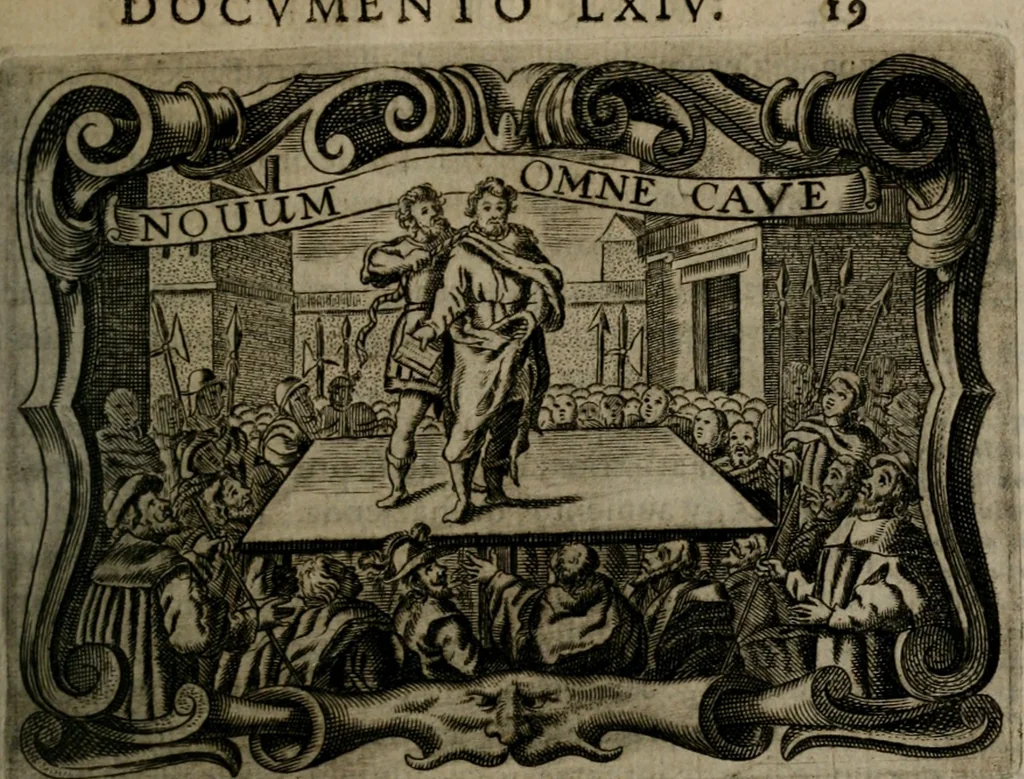 An illustration from Principe perfecto y ministros aiustados : documentos politicos, y morales en emblemas, 1662, leaf 362