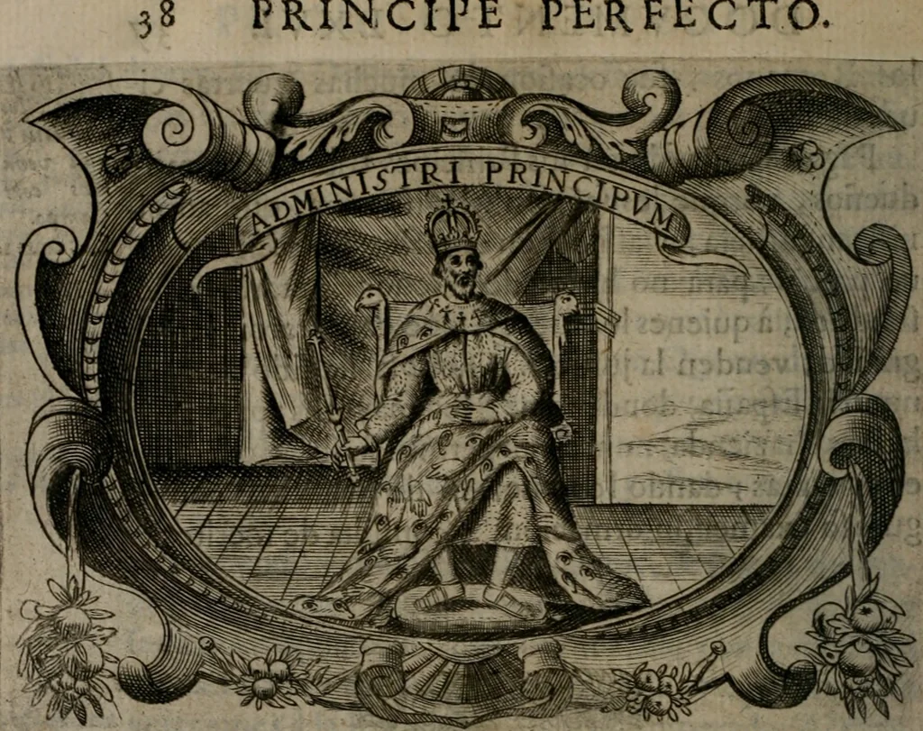 An illustration from Principe perfecto y ministros aiustados : documentos politicos, y morales en emblemas, 1662, leaf 381