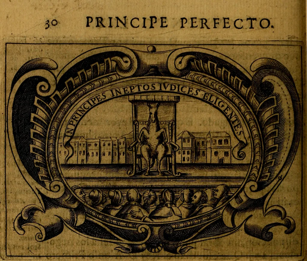 An illustration from Principe perfecto y ministros aivstados, docvmentos politicos, y morales. En emblemas, 1662, leaf 351