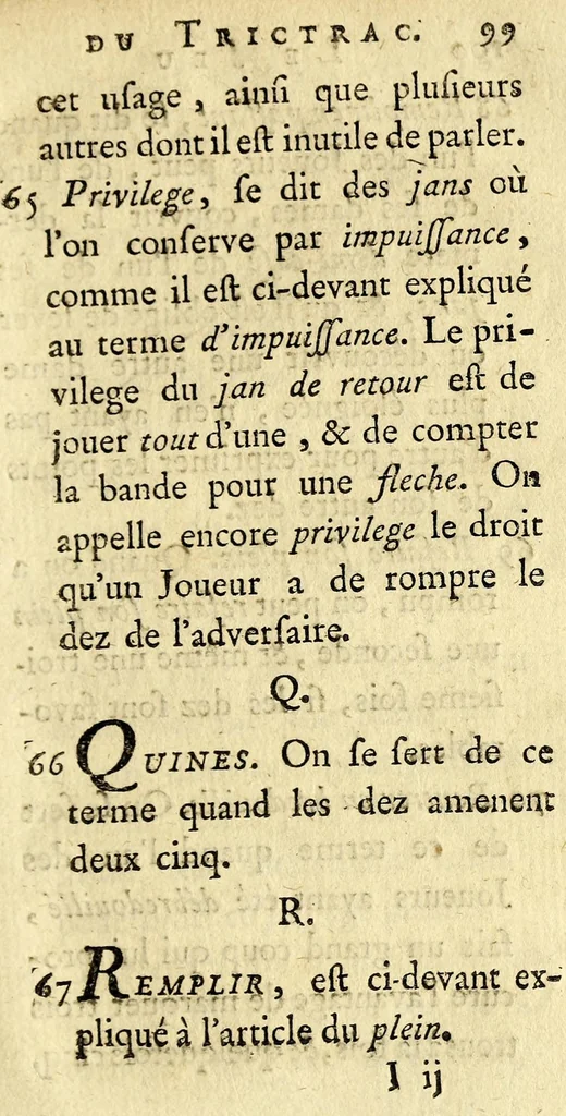 An illustration from Principes du jeu de trictrac, : a la portée des commençans: avec une table alphabétique des termes de ce jeu, 1778, leaf 101