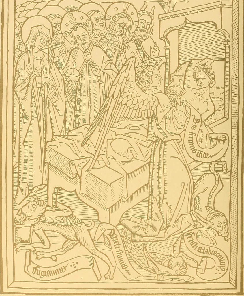 An illustration from Principia typographica. The block-books, or xylographic delineations of scripture history; issued in Holland, Flanders and Germany, during the fifteenth century, exemplified and considered in connexion with the origin of printing. To which is added an attempt to elucidate the character of the paper-marks of the period, 1858, leaf 125