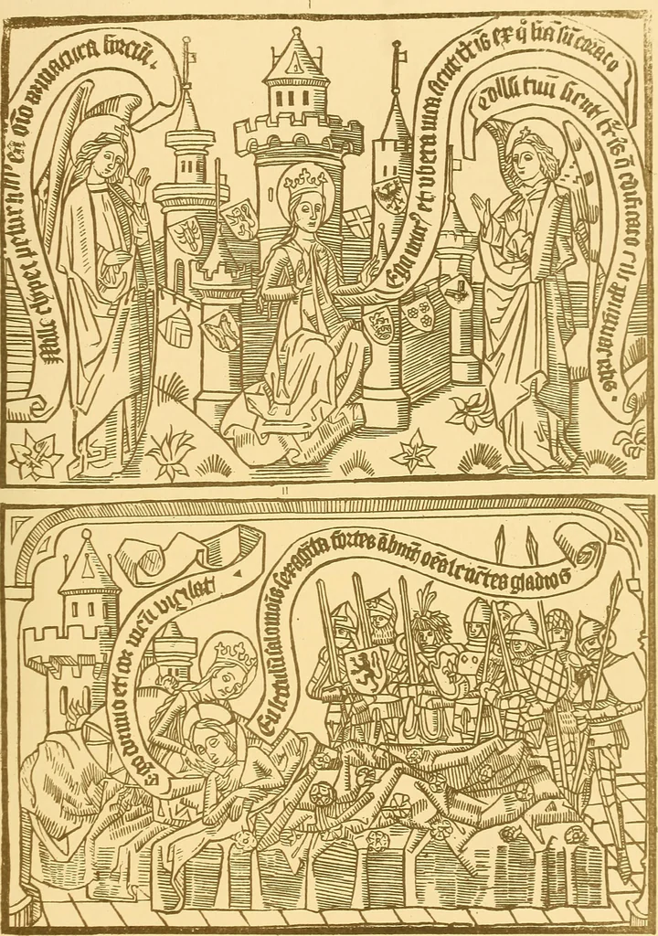 An illustration from Principia typographica. The block-books, or xylographic delineations of scripture history; issued in Holland, Flanders and Germany, during the fifteenth century, exemplified and considered in connexion with the origin of printing. To which is added an attempt to elucidate the character of the paper-marks of the period, 1858, leaf 188