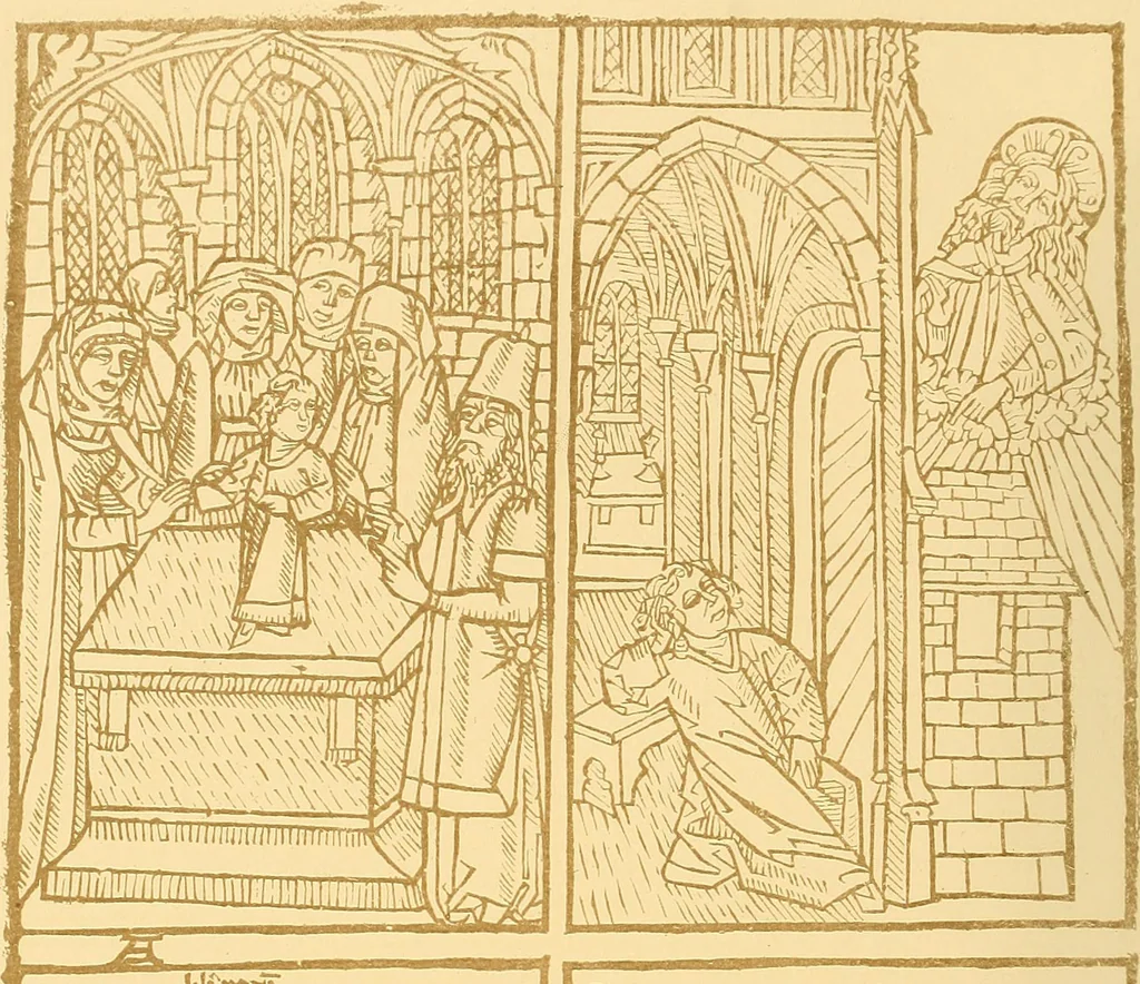 An illustration from Principia typographica. The block-books, or xylographic delineations of scripture history; issued in Holland, Flanders and Germany, during the fifteenth century, exemplified and considered in connexion with the origin of printing. To which is added an attempt to elucidate the character of the paper-marks of the period, 1858, leaf 195