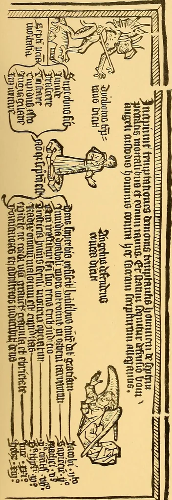 An illustration from Principia typographica. The block-books, or xylographic delineations of scripture history; issued in Holland, Flanders and Germany, during the fifteenth century, exemplified and considered in connexion with the origin of printing. To which is added an attempt to elucidate the character of the paper-marks of the period, 1858, leaf 206