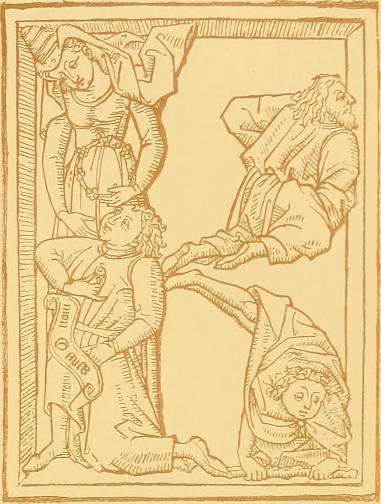 An illustration from Principia typographica. The block-books, or xylographic delineations of scripture history; issued in Holland, Flanders and Germany, during the fifteenth century, exemplified and considered in connexion with the origin of printing. To which is added an attempt to elucidate the character of the paper-marks of the period, 1858, leaf 206