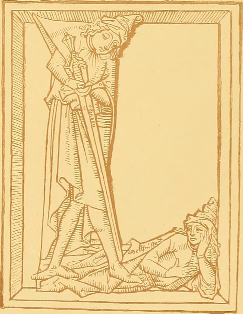 An illustration from Principia typographica. The block-books, or xylographic delineations of scripture history; issued in Holland, Flanders and Germany, during the fifteenth century, exemplified and considered in connexion with the origin of printing. To which is added an attempt to elucidate the character of the paper-marks of the period, 1858, leaf 206