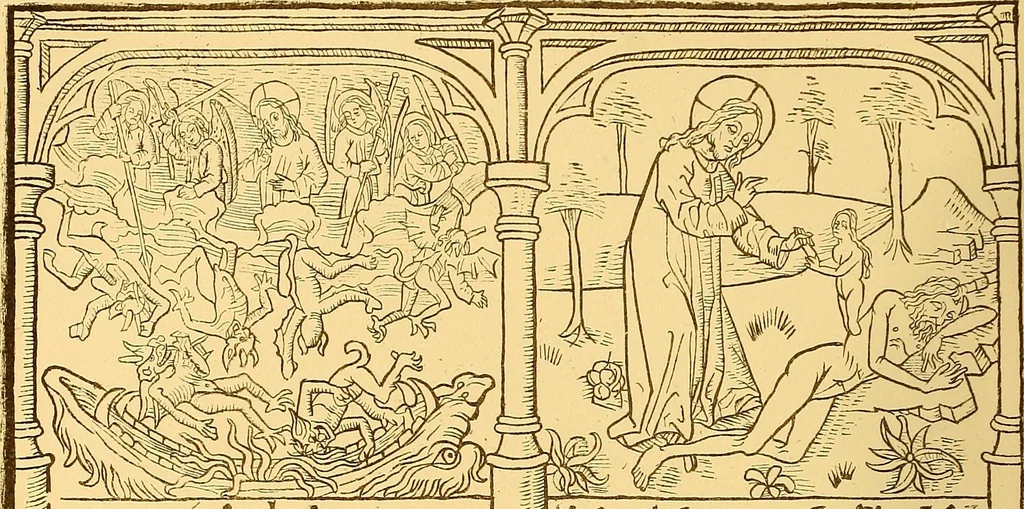 An illustration from Principia typographica. The block-books, or xylographic delineations of scripture history; issued in Holland, Flanders and Germany, during the fifteenth century, exemplified and considered in connexion with the origin of printing. To which is added an attempt to elucidate the character of the paper-marks of the period, 1858, leaf 243
