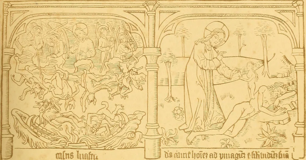 An illustration from Principia typographica. The block-books, or xylographic delineations of scripture history; issued in Holland, Flanders and Germany, during the fifteenth century, exemplified and considered in connexion with the origin of printing. To which is added an attempt to elucidate the character of the paper-marks of the period, 1858, leaf 258
