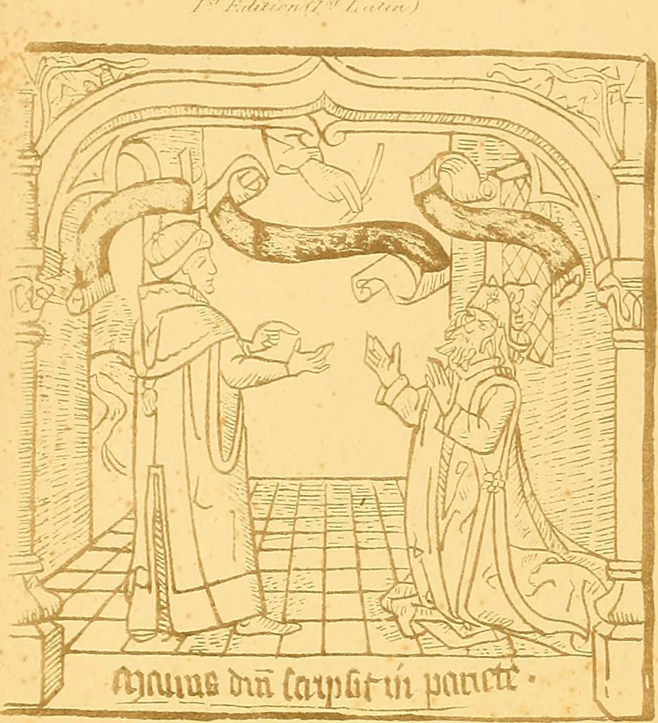 An illustration from Principia typographica. The block-books, or xylographic delineations of scripture history; issued in Holland, Flanders and Germany, during the fifteenth century, exemplified and considered in connexion with the origin of printing. To which is added an attempt to elucidate the character of the paper-marks of the period, 1858, leaf 281