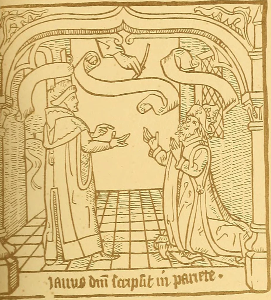 An illustration from Principia typographica. The block-books, or xylographic delineations of scripture history; issued in Holland, Flanders and Germany, during the fifteenth century, exemplified and considered in connexion with the origin of printing. To which is added an attempt to elucidate the character of the paper-marks of the period, 1858, leaf 282