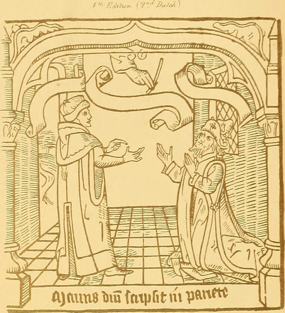 An illustration from Principia typographica. The block-books, or xylographic delineations of scripture history; issued in Holland, Flanders and Germany, during the fifteenth century, exemplified and considered in connexion with the origin of printing. To which is added an attempt to elucidate the character of the paper-marks of the period, 1858, leaf 282