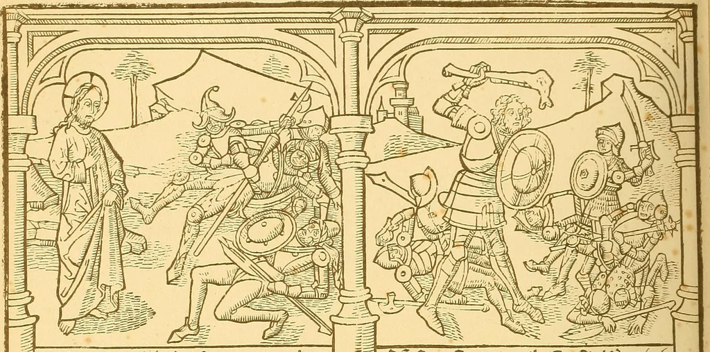 An illustration from Principia typographica. The block-books, or xylographic delineations of scripture history; issued in Holland, Flanders and Germany, during the fifteenth century, exemplified and considered in connexion with the origin of printing. To which is added an attempt to elucidate the character of the paper-marks of the period, 1858, leaf 295