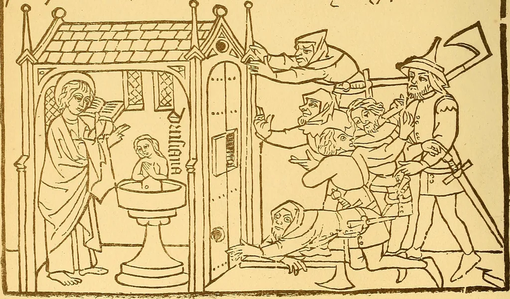 An illustration from Principia typographica. The block-books, or xylographic delineations of scripture history; issued in Holland, Flanders and Germany, during the fifteenth century, exemplified and considered in connexion with the origin of printing. To which is added an attempt to elucidate the character of the paper-marks of the period, 1858, leaf 31