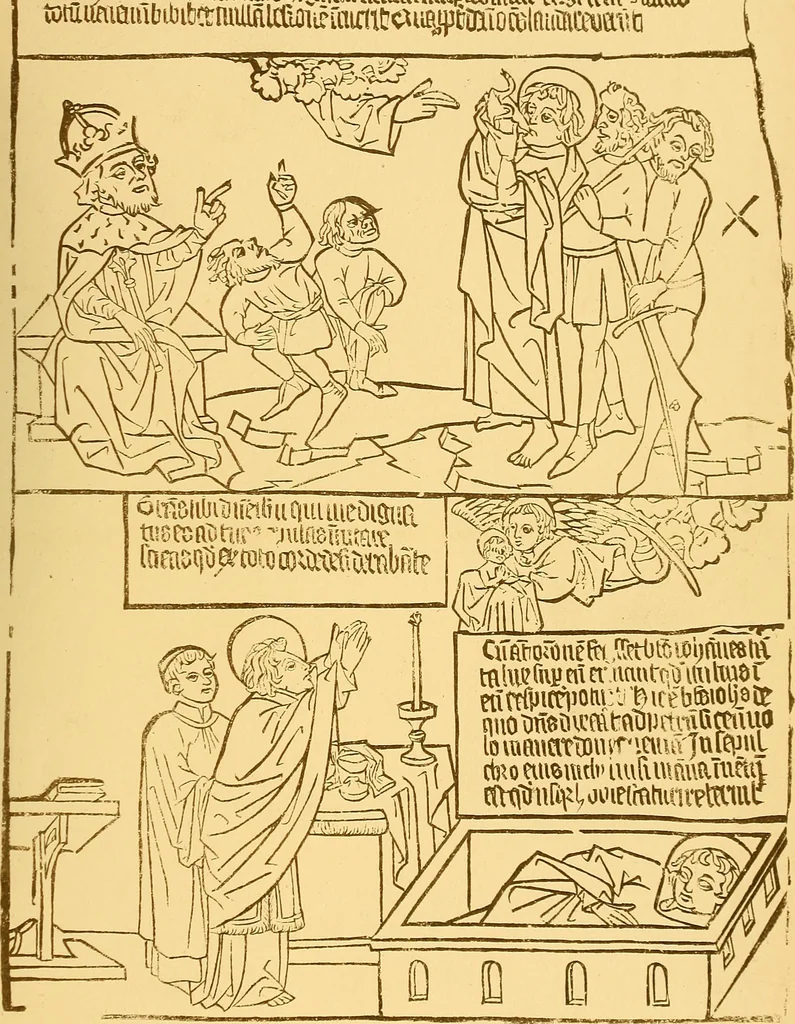 An illustration from Principia typographica. The block-books, or xylographic delineations of scripture history; issued in Holland, Flanders and Germany, during the fifteenth century, exemplified and considered in connexion with the origin of printing. To which is added an attempt to elucidate the character of the paper-marks of the period, 1858, leaf 32