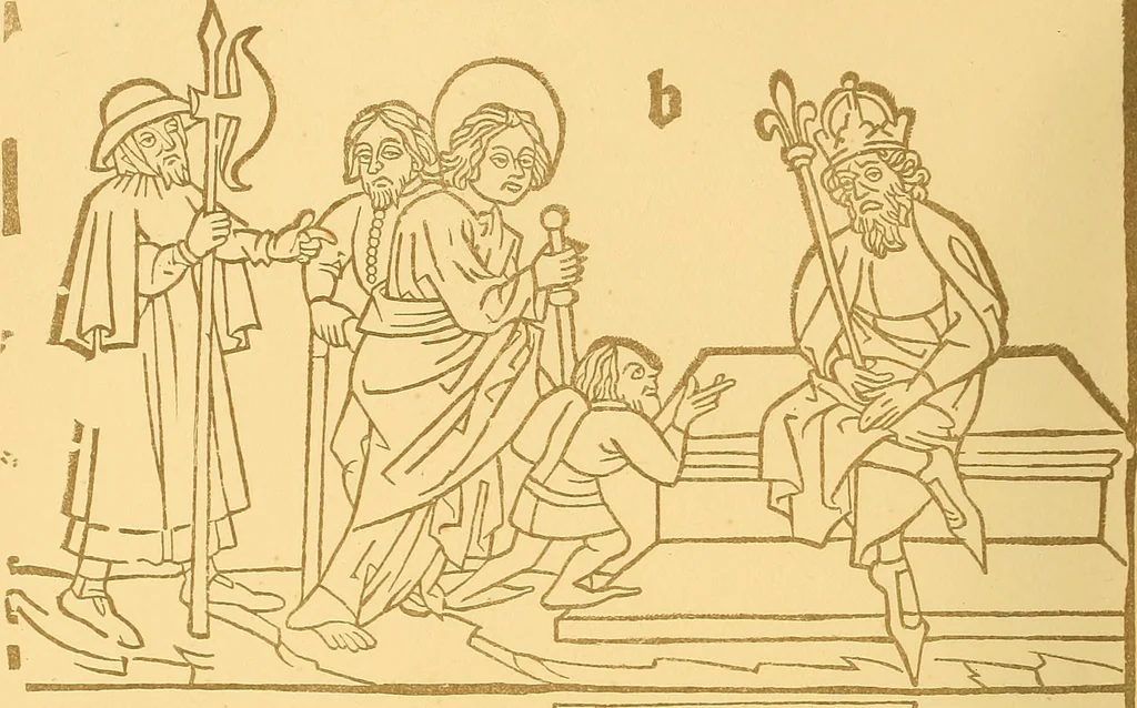 An illustration from Principia typographica. The block-books, or xylographic delineations of scripture history; issued in Holland, Flanders and Germany, during the fifteenth century, exemplified and considered in connexion with the origin of printing. To which is added an attempt to elucidate the character of the paper-marks of the period, 1858, leaf 49