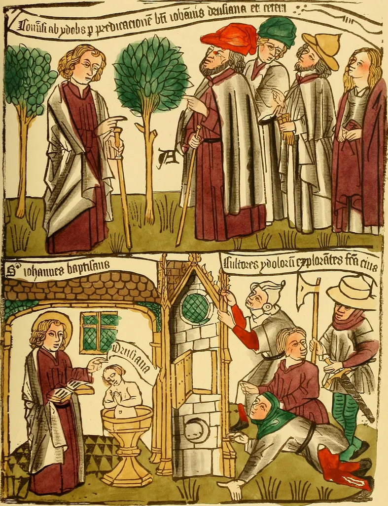 An illustration from Principia typographica. The block-books, or xylographic delineations of scripture history; issued in Holland, Flanders and Germany, during the fifteenth century, exemplified and considered in connexion with the origin of printing. To which is added an attempt to elucidate the character of the paper-marks of the period, 1858, leaf 56