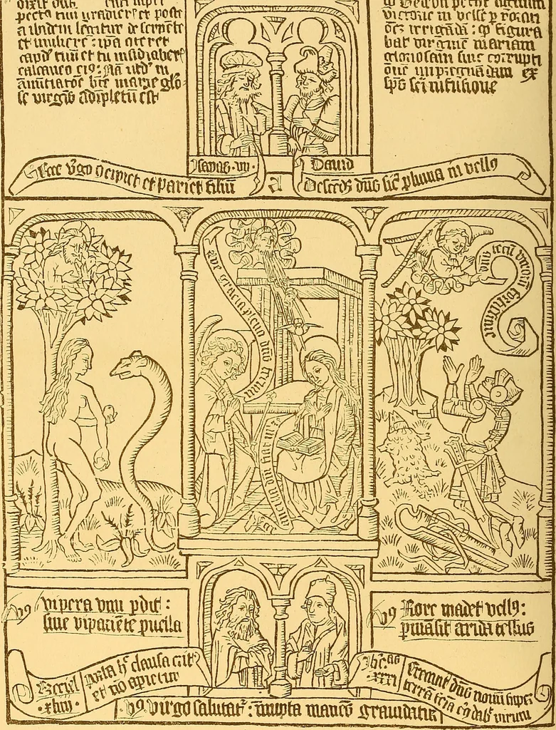 An illustration from Principia typographica. The block-books, or xylographic delineations of scripture history; issued in Holland, Flanders and Germany, during the fifteenth century, exemplified and considered in connexion with the origin of printing. To which is added an attempt to elucidate the character of the paper-marks of the period, 1858, leaf 87