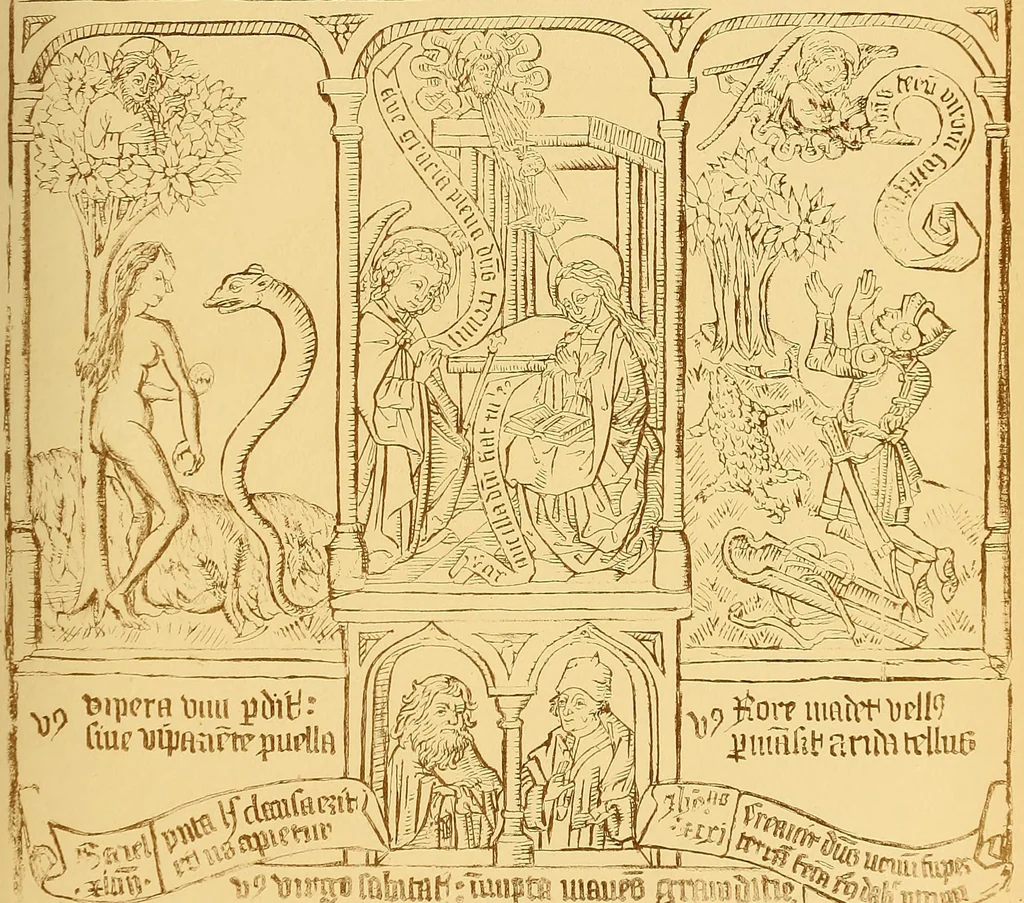 An illustration from Principia typographica. The block-books, or xylographic delineations of scripture history; issued in Holland, Flanders and Germany, during the fifteenth century, exemplified and considered in connexion with the origin of printing. To which is added an attempt to elucidate the character of the paper-marks of the period, 1858, leaf 88