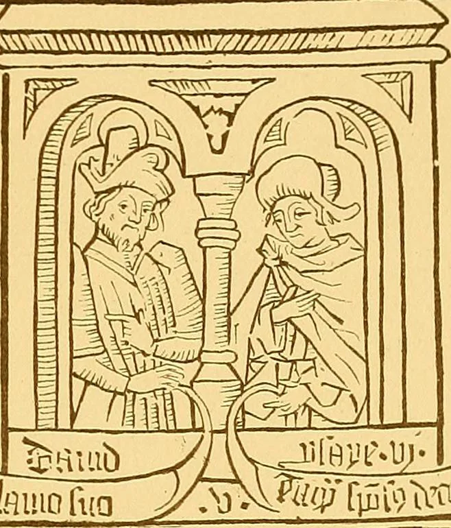 An illustration from Principia typographica. The block-books, or xylographic delineations of scripture history; issued in Holland, Flanders and Germany, during the fifteenth century, exemplified and considered in connexion with the origin of printing. To which is added an attempt to elucidate the character of the paper-marks of the period, 1858, leaf 90