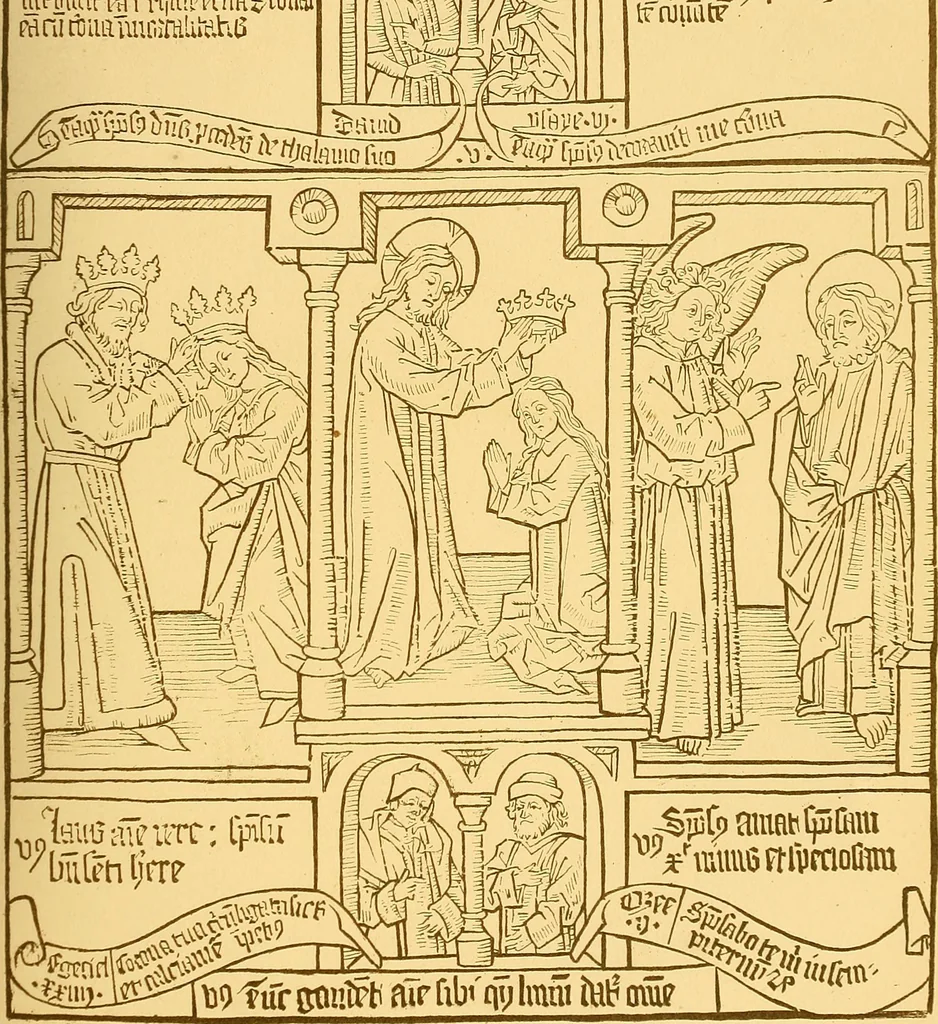 An illustration from Principia typographica. The block-books, or xylographic delineations of scripture history; issued in Holland, Flanders and Germany, during the fifteenth century, exemplified and considered in connexion with the origin of printing. To which is added an attempt to elucidate the character of the paper-marks of the period, 1858, leaf 90