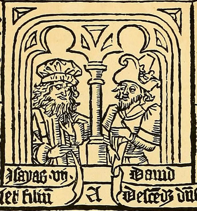 An illustration from Principia typographica. The block-books, or xylographic delineations of scripture history; issued in Holland, Flanders and Germany, during the fifteenth century, exemplified and considered in connexion with the origin of printing. To which is added an attempt to elucidate the character of the paper-marks of the period, 1858, leaf 101