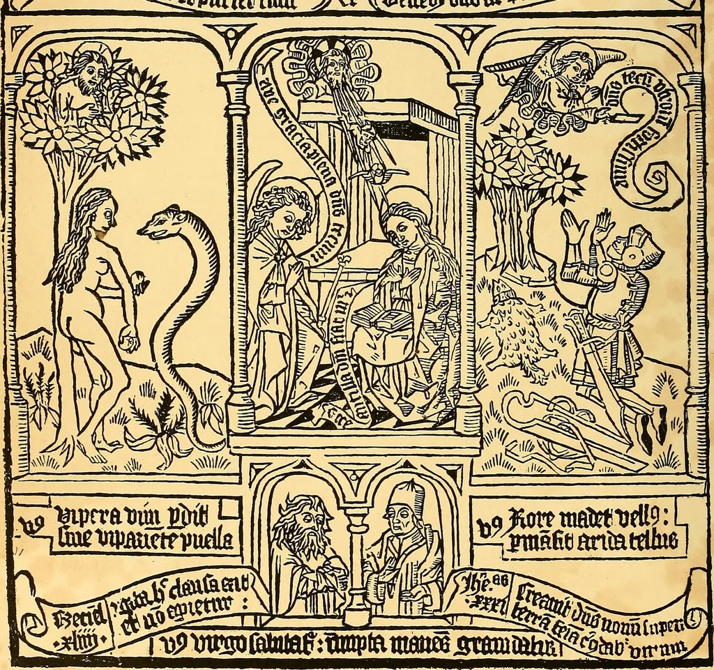 An illustration from Principia typographica. The block-books, or xylographic delineations of scripture history; issued in Holland, Flanders and Germany, during the fifteenth century, exemplified and considered in connexion with the origin of printing. To which is added an attempt to elucidate the character of the paper-marks of the period, 1858, leaf 101